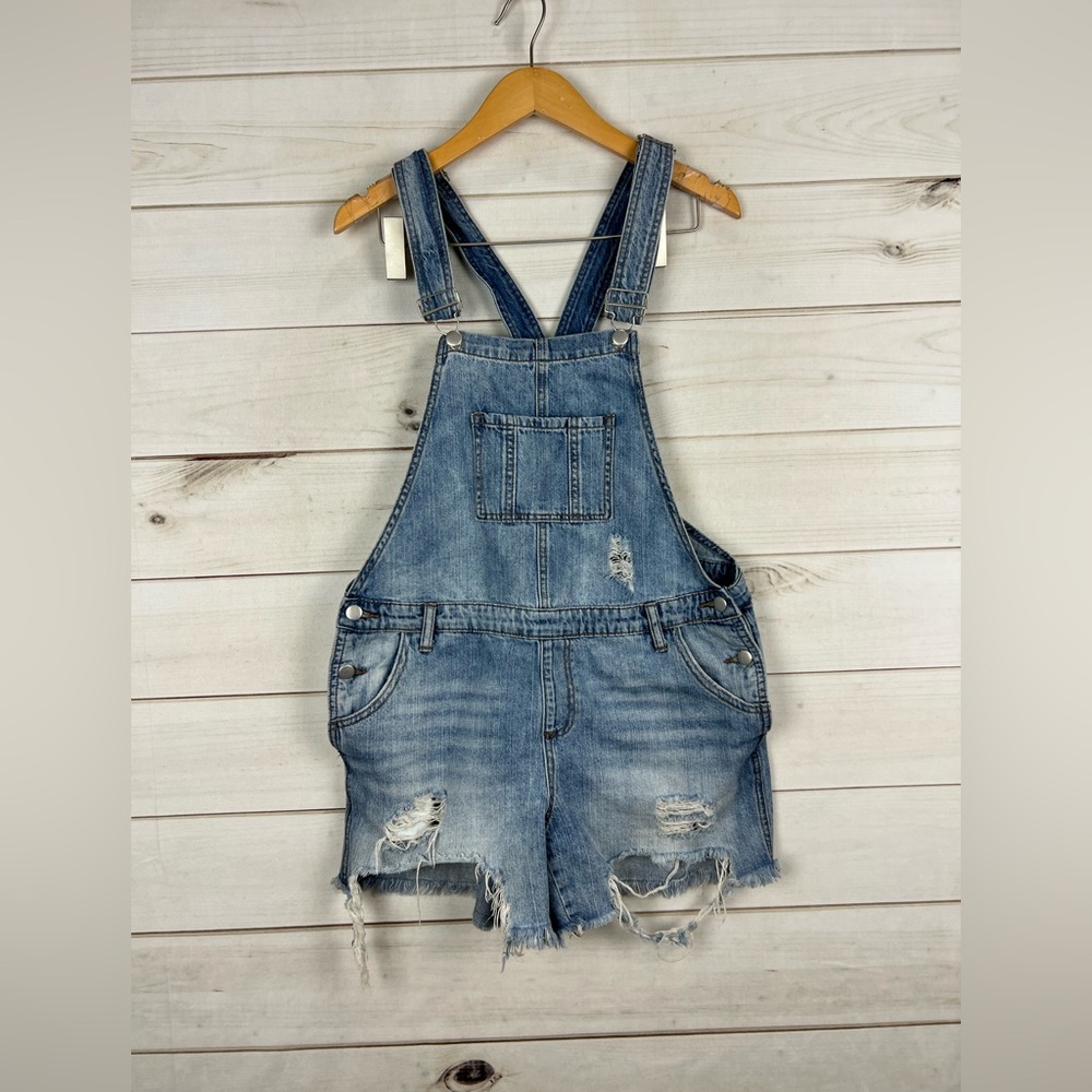 Ripe Maternity Distressed Light Blue Denim Short Overalls